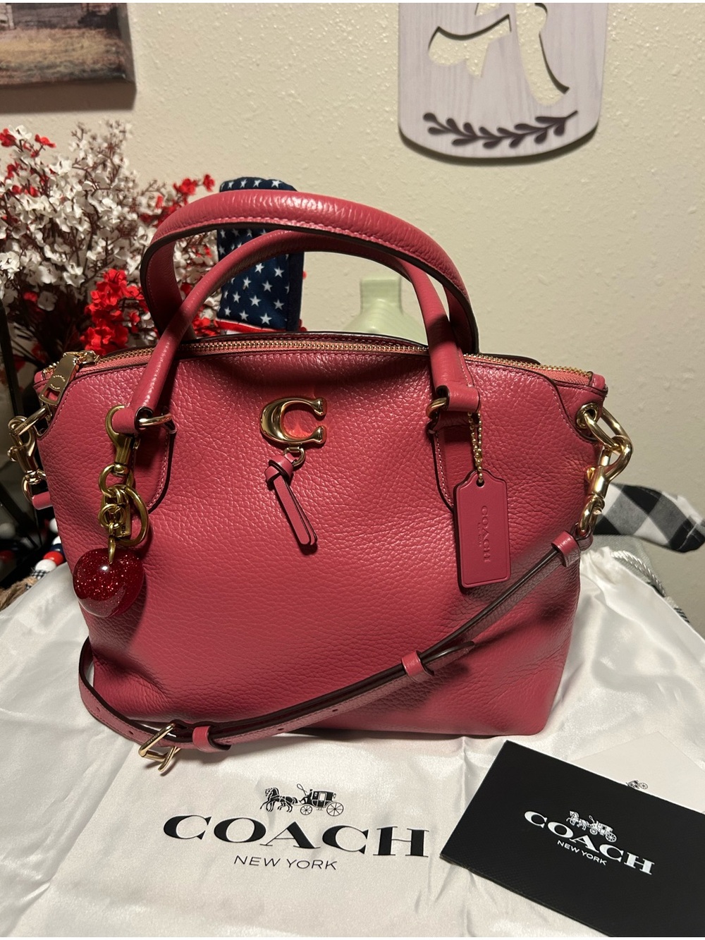 Coach Remi Dusty Pink Pebbled Leather Satchel Gold Hardware & Coach Apple Charm